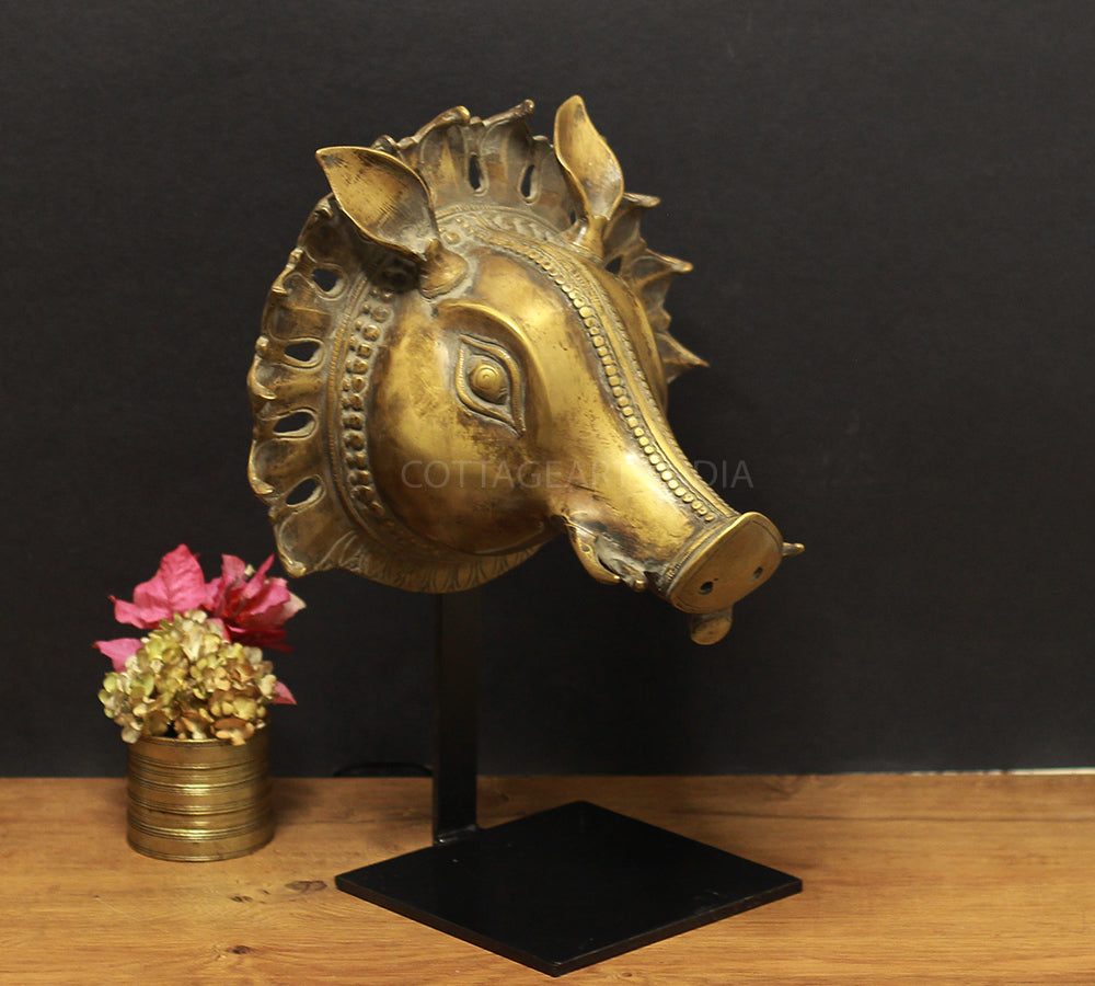 Brass Vintage Finish Varaha Mask on Stand