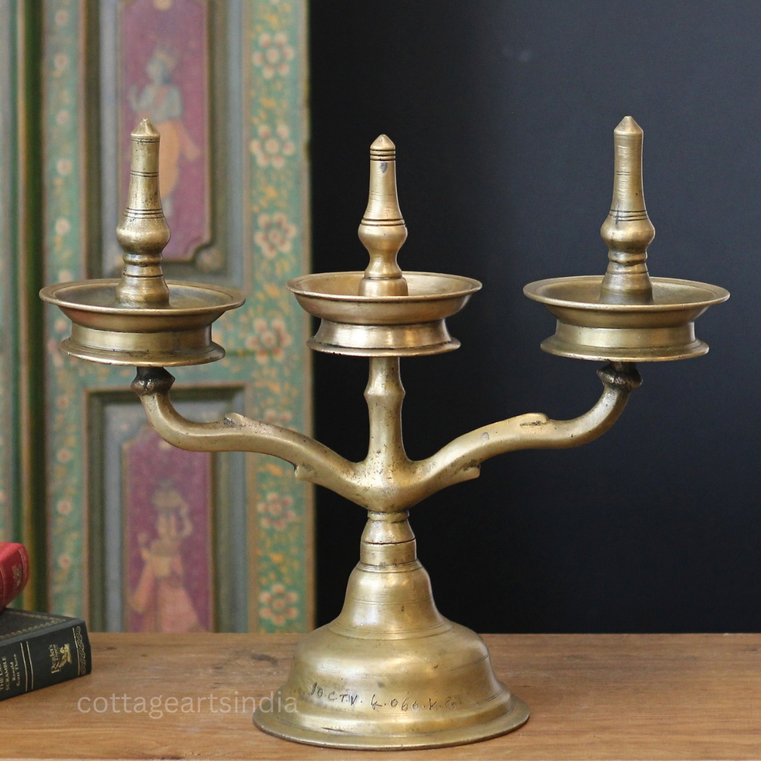 Brass Vintage Kavara Vilakku – 3 Branched Traditional Oil Lamp