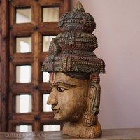 Handcrafted 25" Wooden Lord Vishnu Head Sculpture  – Vintage Antique Finish