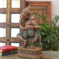 Handcrafted Wooden Ganesha Playing Tabla | Traditional Indian Decor