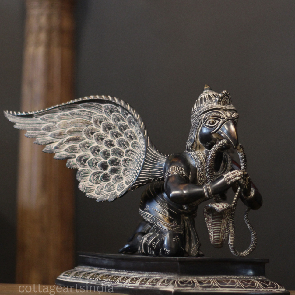 Brass Garuda Statue in Antique Black finish| Handcrafted Garuda Idol with Wings
