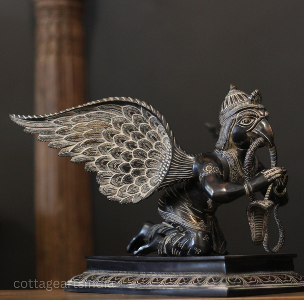 Black Antique Brass Garuda Statue | Handcrafted Garuda Idol with Wings