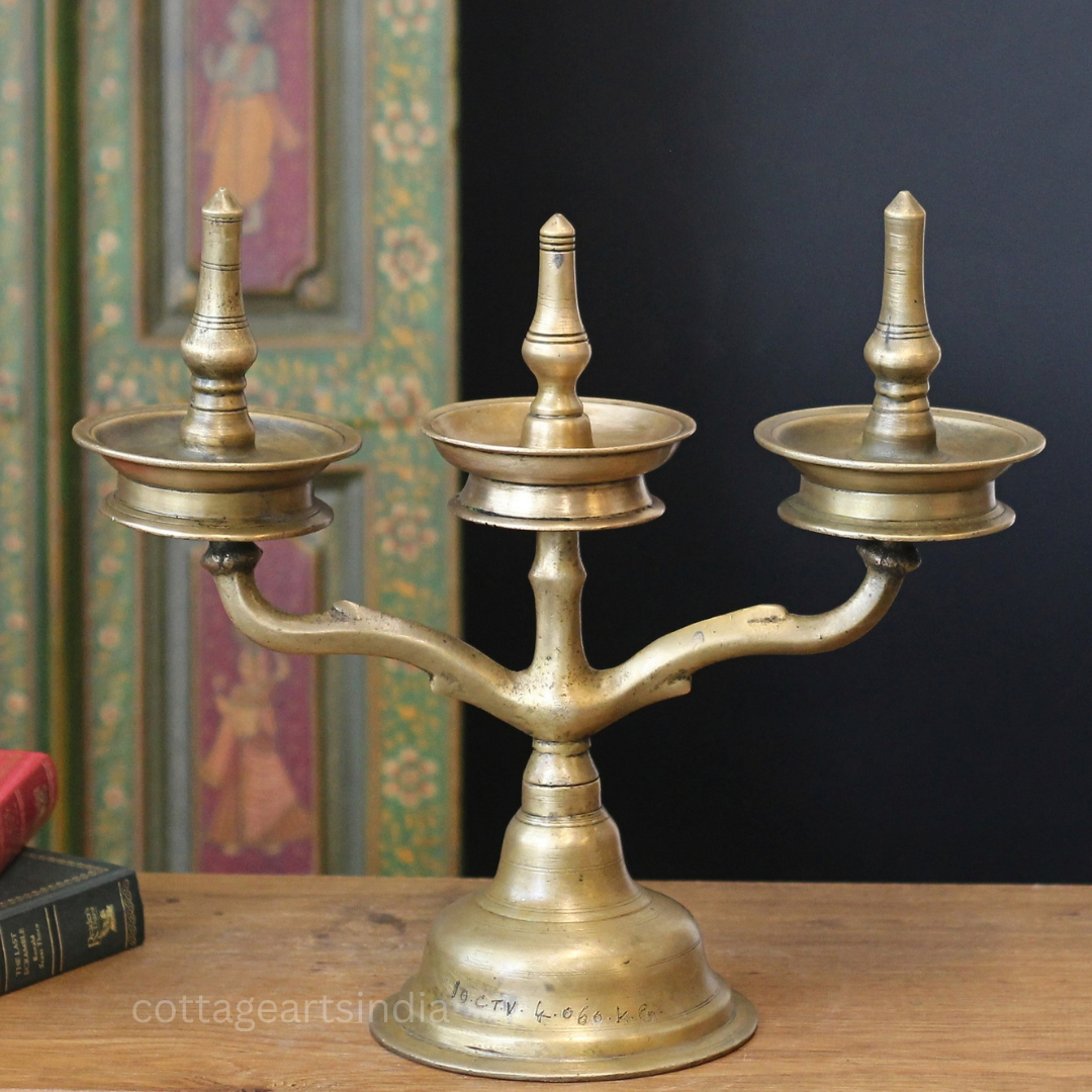 Brass Vintage Kavara Vilakku – 3 Branched Traditional Oil Lamp