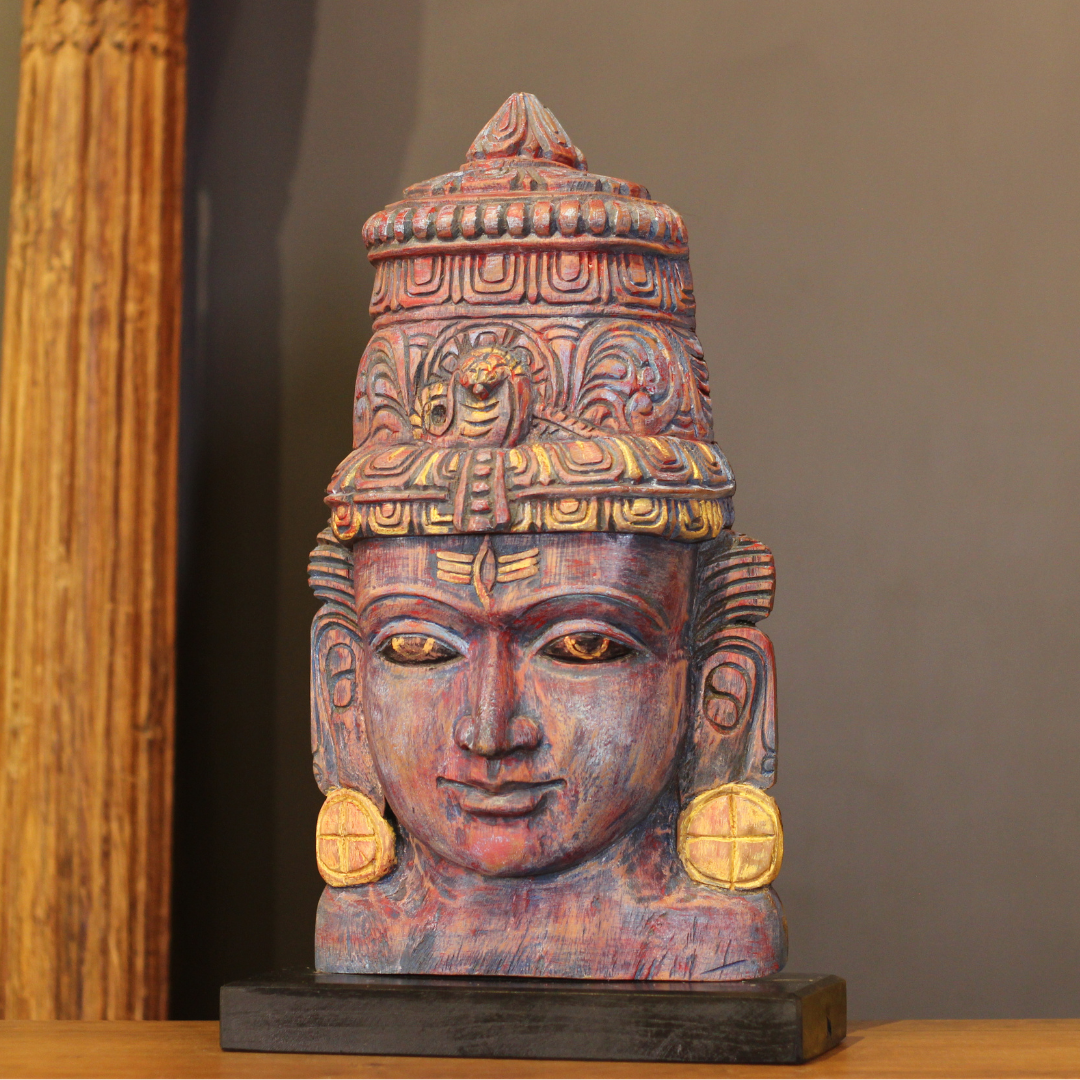 Wooden Shiva Mask on Stand