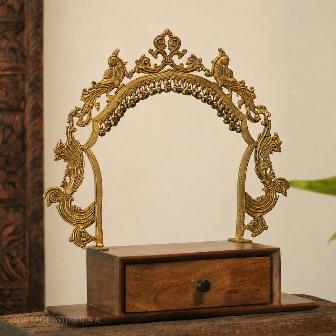 Brass Peacock Prabhavali with Ghungroo Arch & Wooden Drawer | Diety Aasan