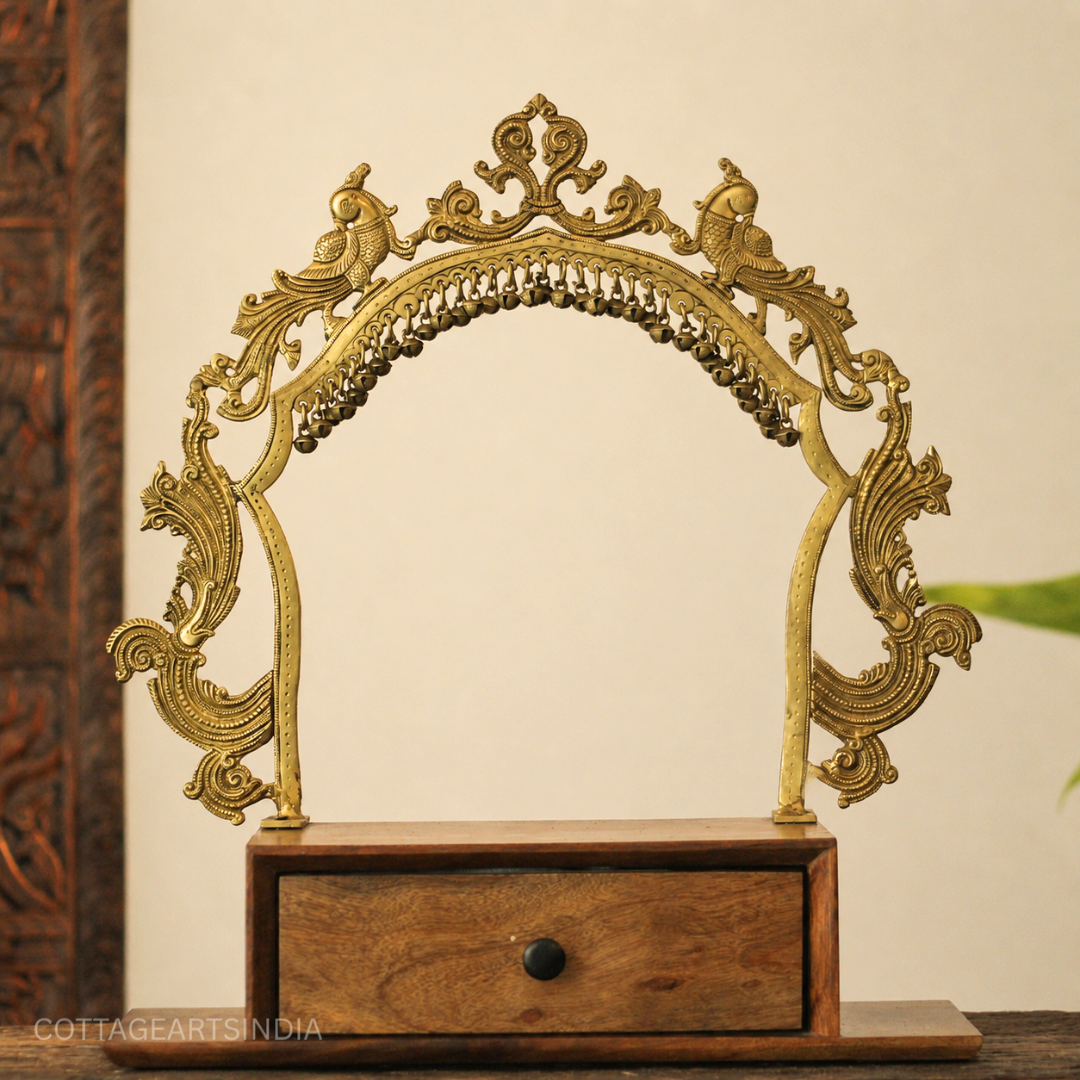 Brass Peacock Prabhavali with Ghungroo Arch & Wooden Drawer | Diety Aasan