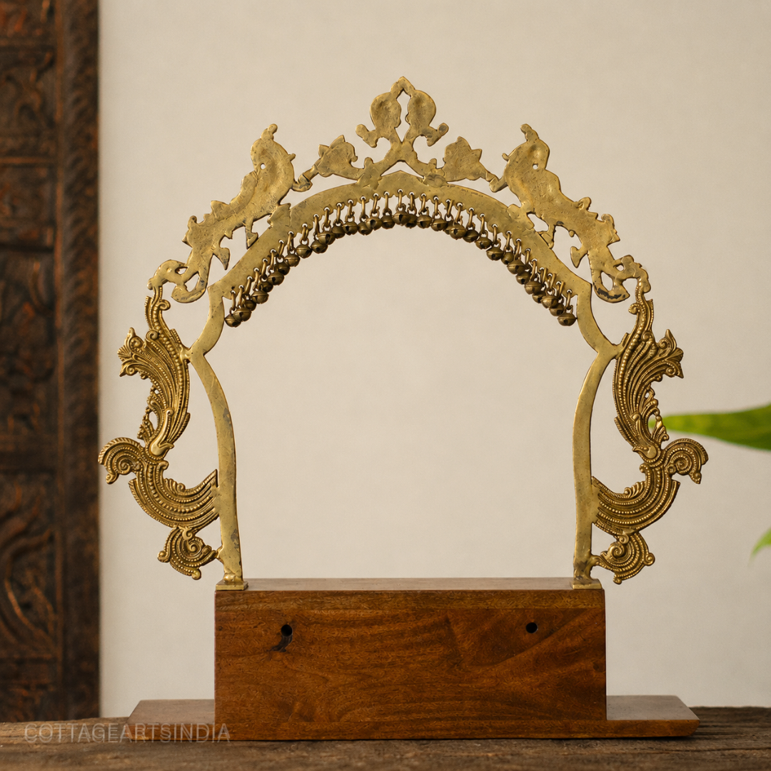 Brass Peacock Prabhavali with Ghungroo Arch & Wooden Drawer | Diety Aasan