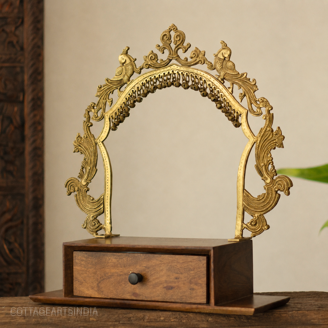 Brass Peacock Prabhavali with Ghungroo Arch & Wooden Drawer | Diety Aasan