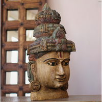Handcrafted 25" Wooden Lord Vishnu Head Sculpture  – Vintage Antique Finish