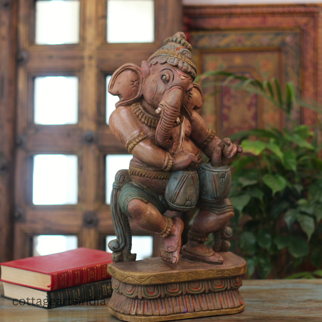Handcrafted Wooden Ganesha Playing Tabla | Traditional Indian Decor