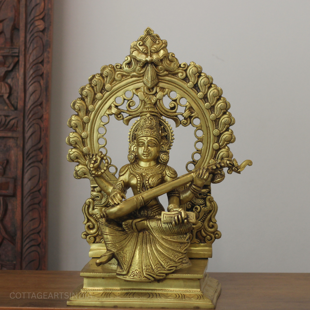 Brass Saraswati With Prabhawali 17"