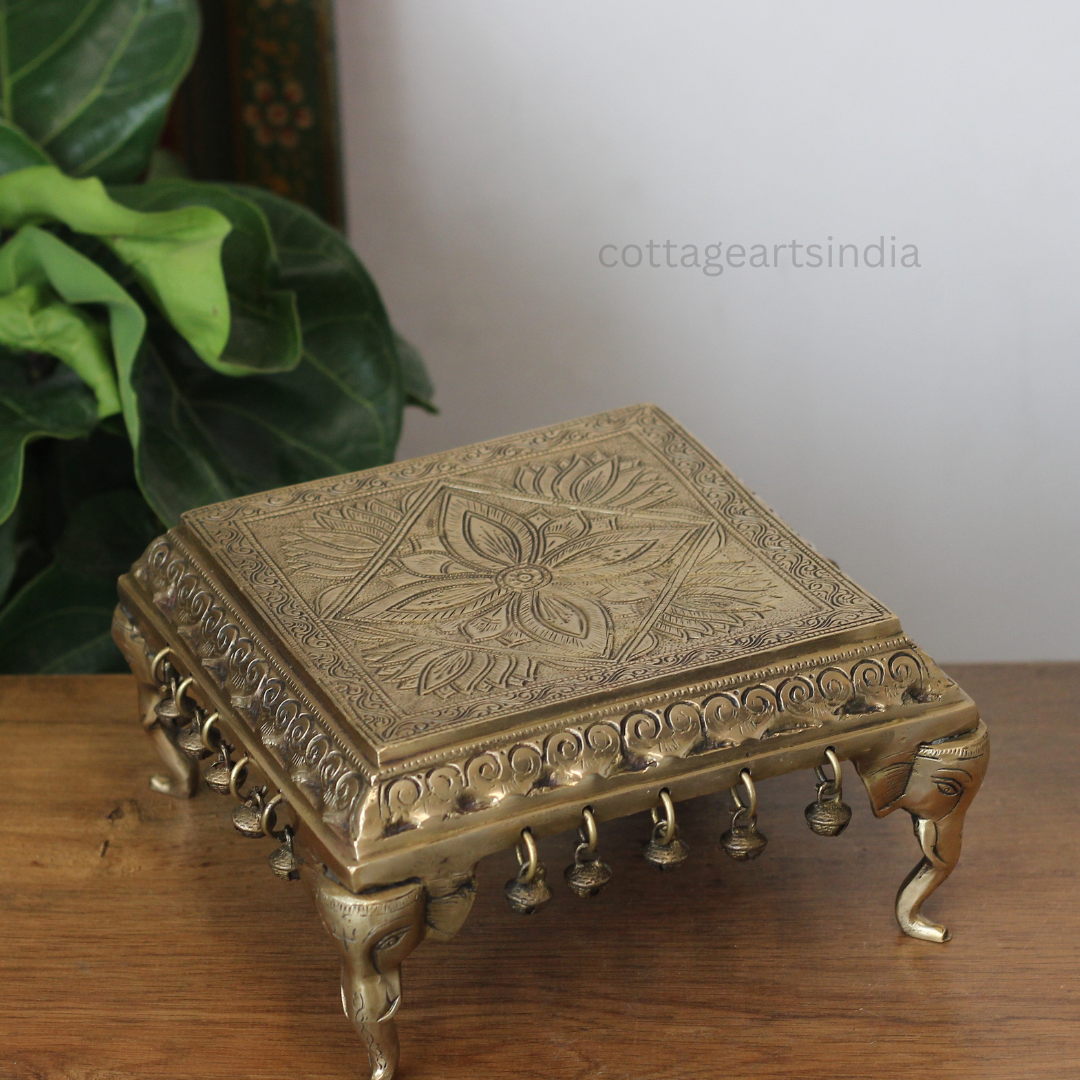 Handcrafted Brass Chowki with Lotus Engraving