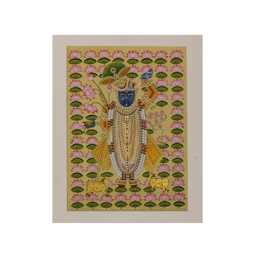 Sacred Shrinathji Pichwai Painting with Gold Accents on Paper