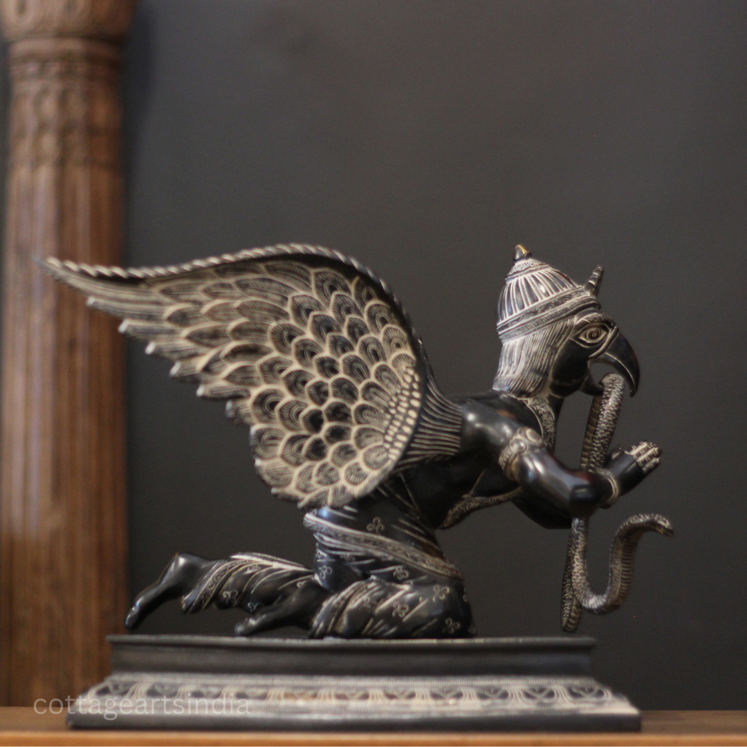 Brass Garuda Statue in Antique Black finish| Handcrafted Garuda Idol with Wings
