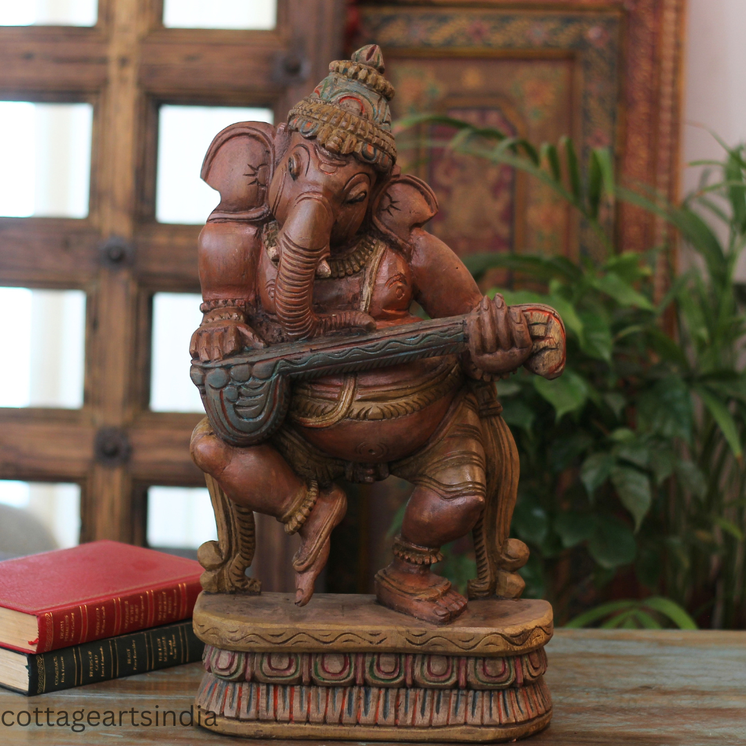 Handcrafted Wooden Lord Ganesha Playing Veena – Vintage Antique Finish