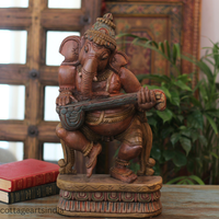 Handcrafted Wooden Lord Ganesha Playing Veena – Vintage Antique Finish