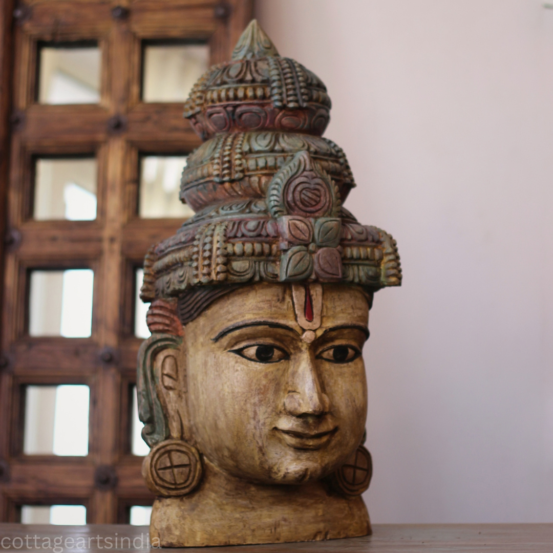Handcrafted 25" Wooden Lord Vishnu Head Sculpture  – Vintage Antique Finish