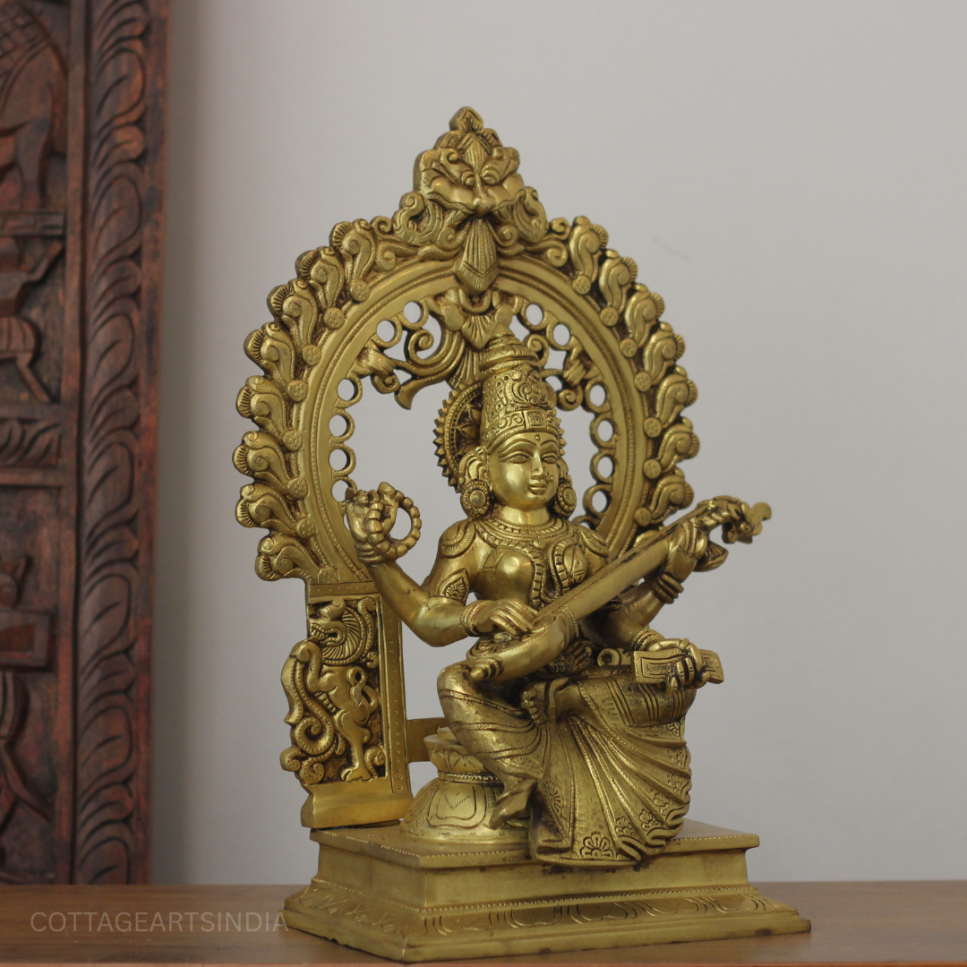 Brass Saraswati With Prabhawali 17"
