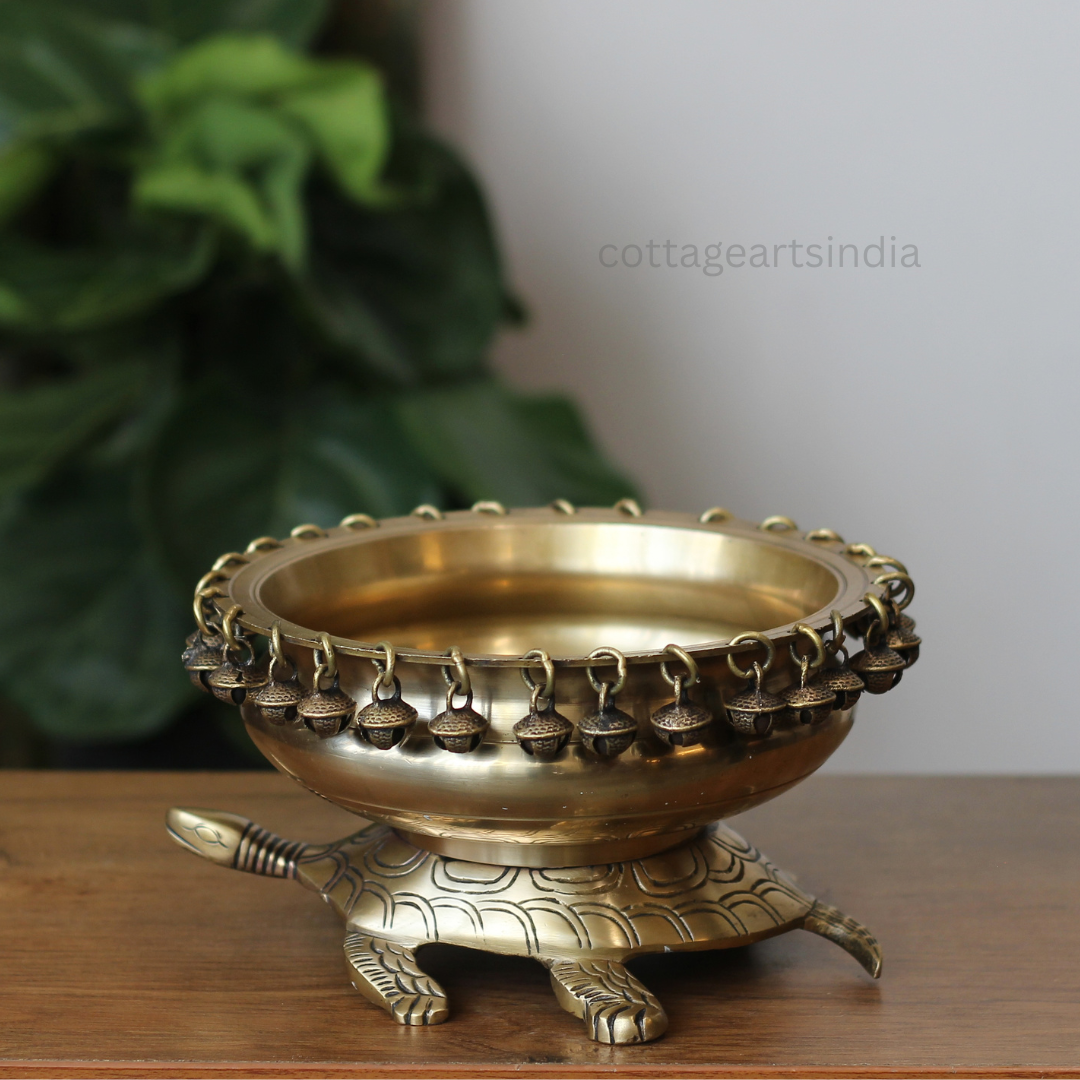 Handcrafted Brass Tortoise Urli Bowl with Hanging Bells – Antique Finish