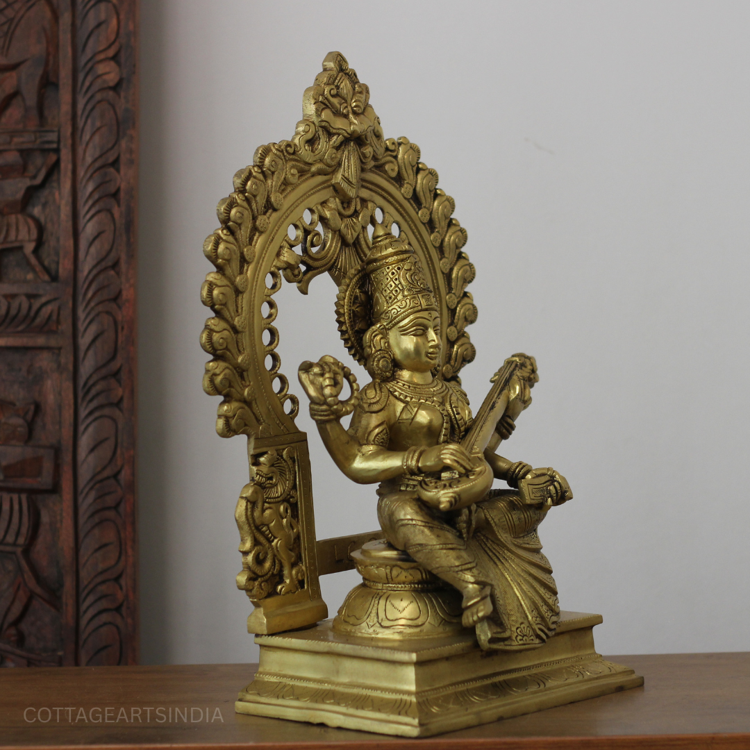 Brass Saraswati With Prabhawali 17"
