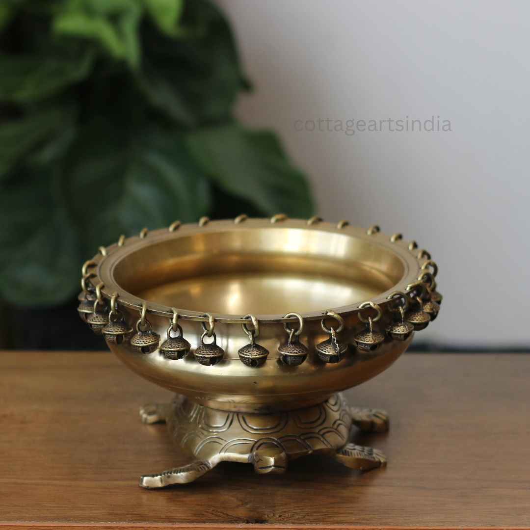 Handcrafted Brass Tortoise Urli Bowl with Hanging Bells – Antique Finish