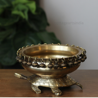 Handcrafted Brass Tortoise Urli Bowl with Hanging Bells – Antique Finish