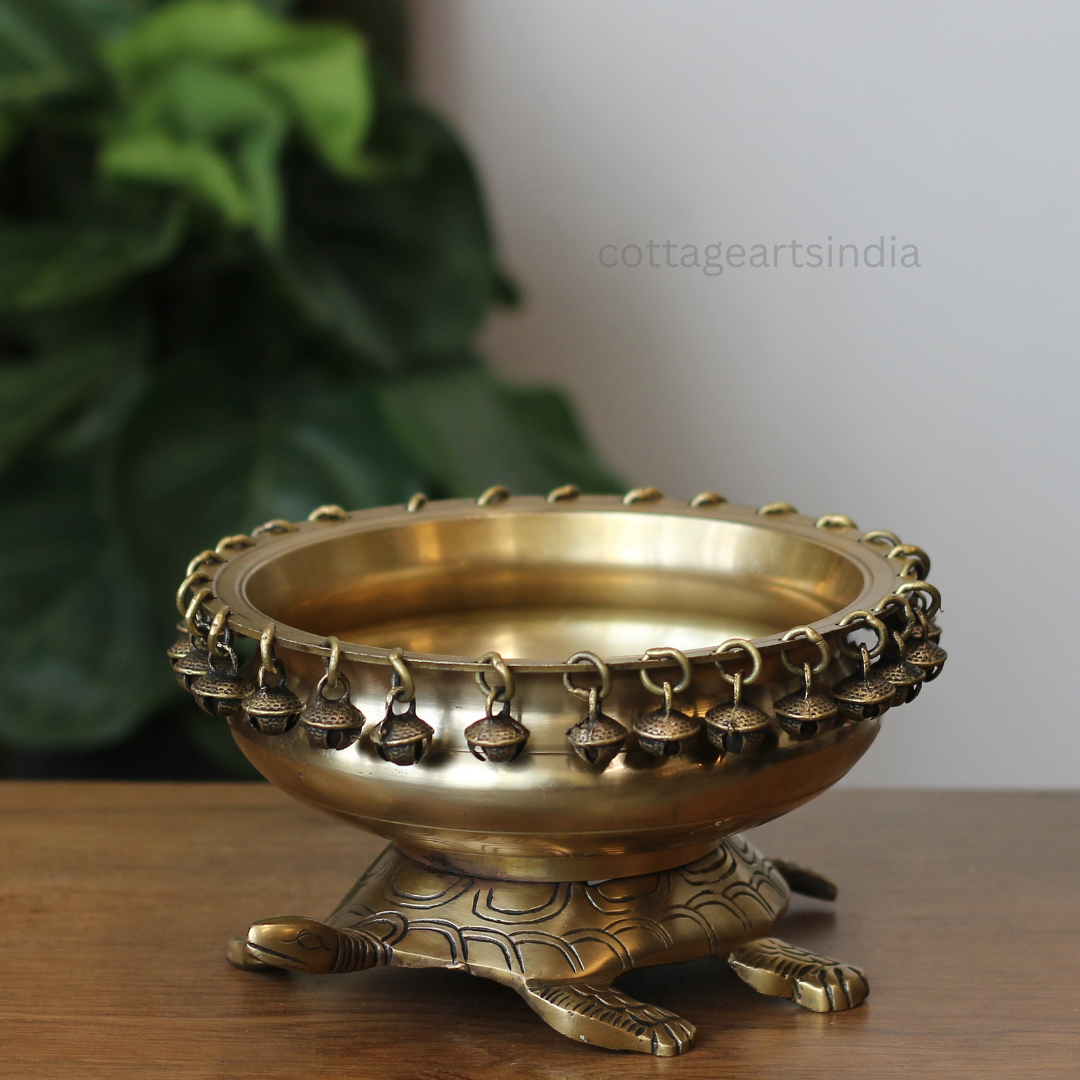 Handcrafted Brass Tortoise Urli Bowl with Hanging Bells – Antique Finish