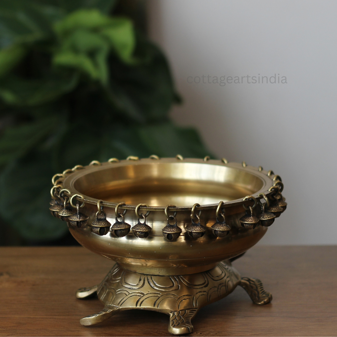 Handcrafted Brass Tortoise Urli Bowl with Hanging Bells – Antique Finish