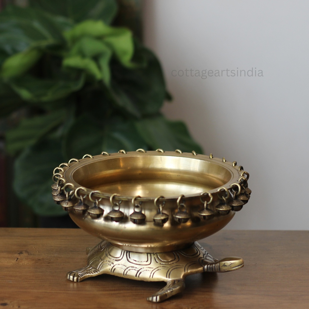 Handcrafted Brass Tortoise Urli Bowl with Hanging Bells – Antique Finish
