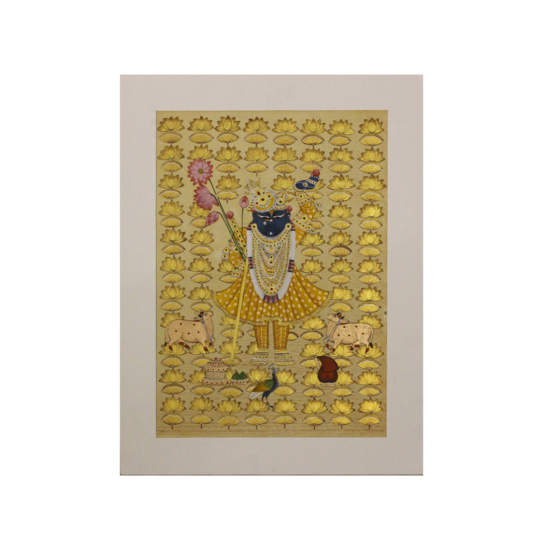 Sacred Shrinathji Pichwai Painting with Gold Accents on Paper