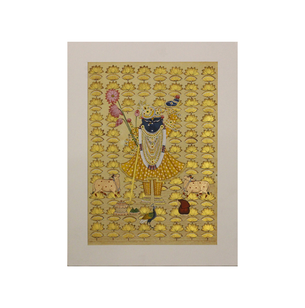 Sacred Shrinathji Pichwai Painting with Gold Accents on Paper
