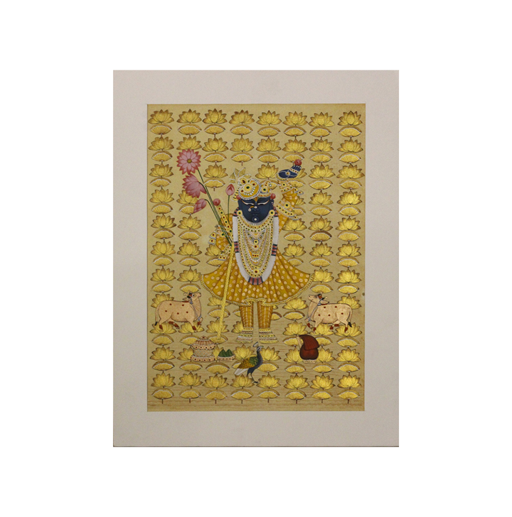 Sacred Shrinathji Pichwai Painting with Gold Accents on Paper