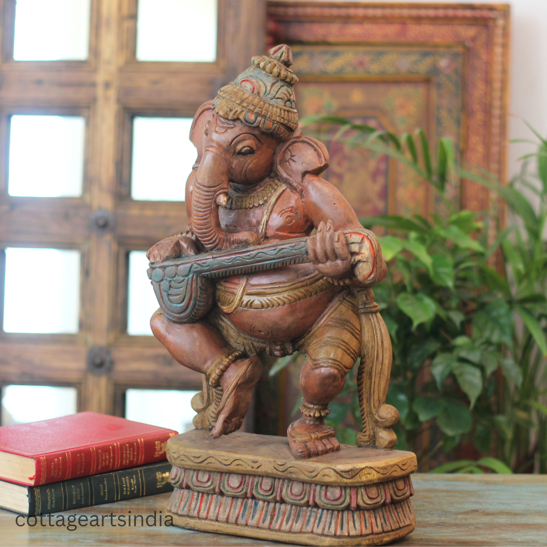 Handcrafted Wooden Lord Ganesha Playing Veena – Vintage Antique Finish
