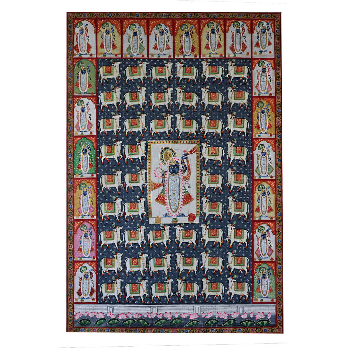 Hand-Painted Shrinathji Pichwai Painting | Sacred Cow & Darshan Nathdwara Art
