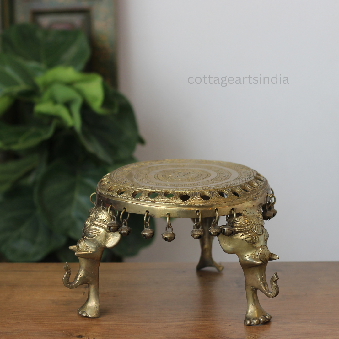 Handcrafted Round Brass Chowki with Elephant Legs – Antique Finish