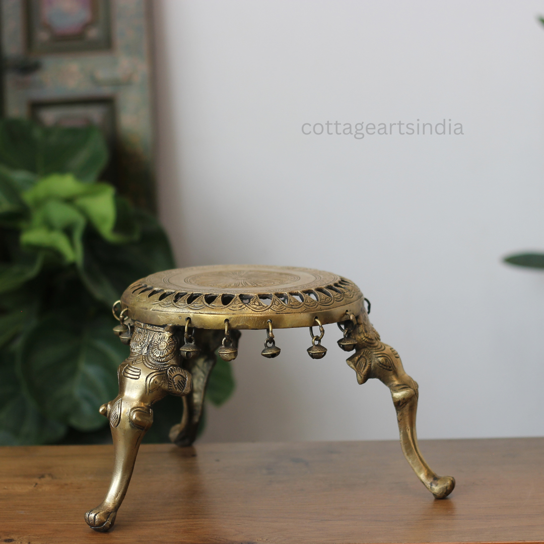 Handcrafted Round Brass Chowki with Elephant Legs – Antique Finish