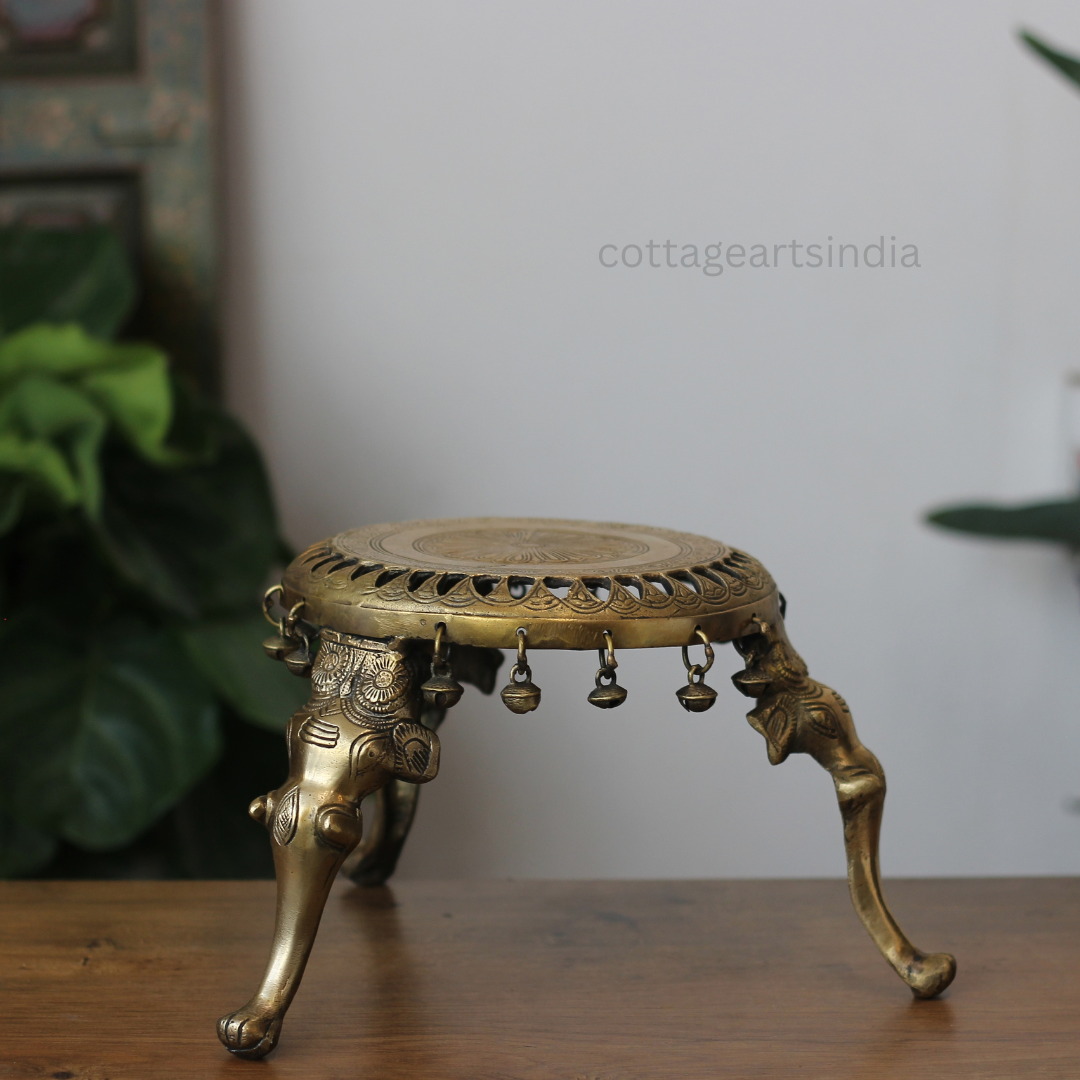 Handcrafted Round Brass Chowki with Elephant Legs – Antique Finish