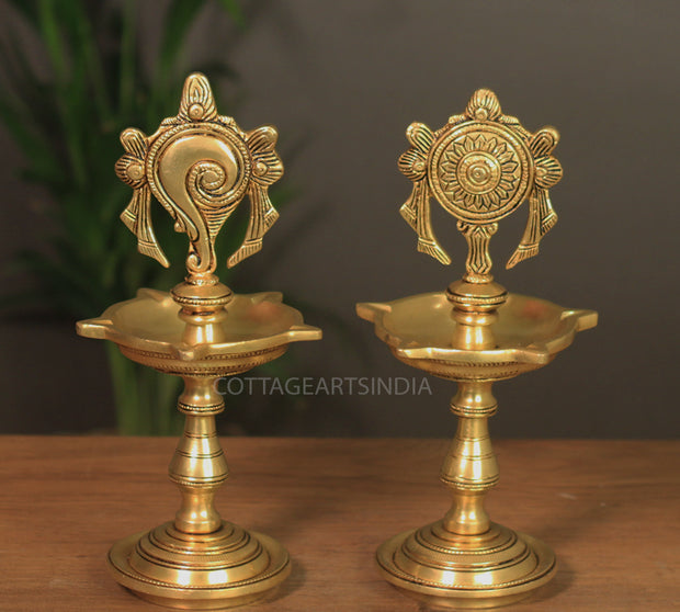 Brass Shankh Chakra Oil Lamp-Pair