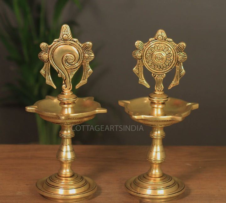 Brass Shankh Chakra Oil Lamp-Pair