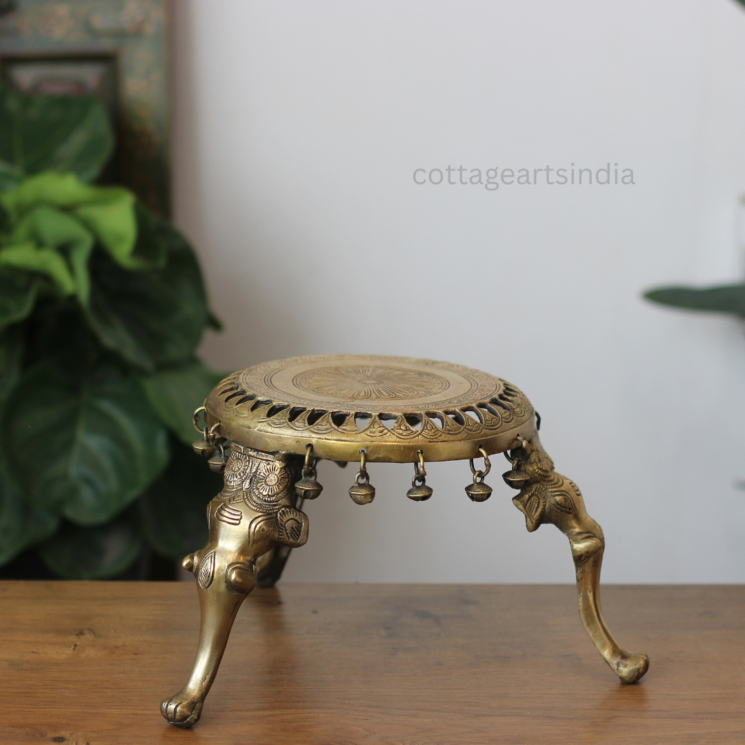 Handcrafted Round Brass Chowki with Elephant Legs – Antique Finish