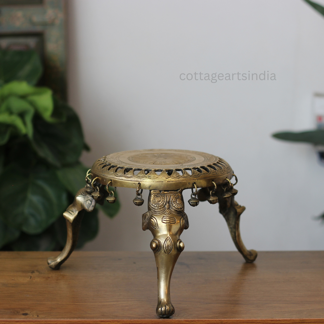 Handcrafted Round Brass Chowki with Elephant Legs – Antique Finish