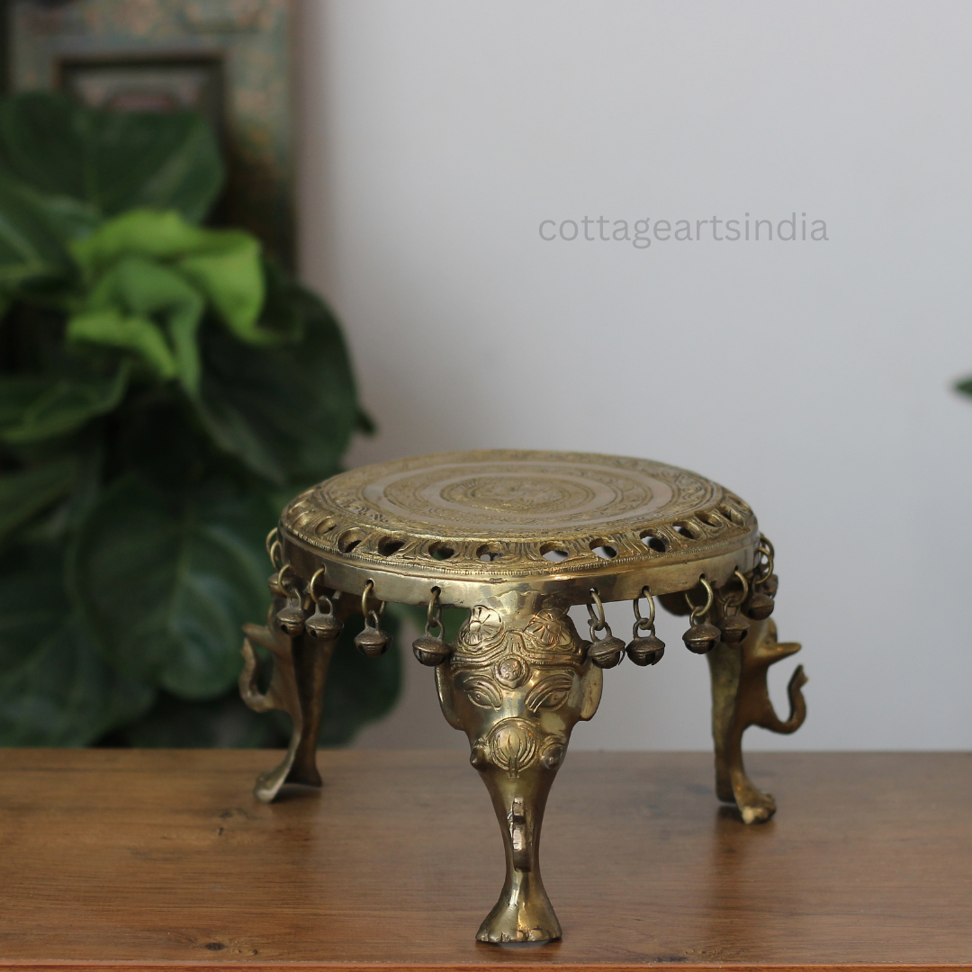 Handcrafted Round Brass Chowki with Elephant Legs – Antique Finish