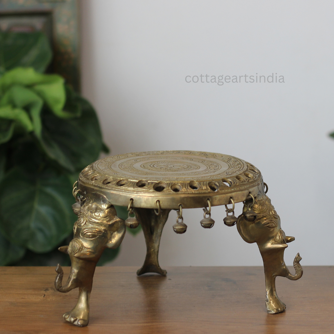 Handcrafted Round Brass Chowki with Elephant Legs – Antique Finish