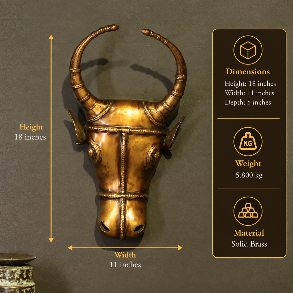 Brass Bull Head Wall Hanging Brown Antique