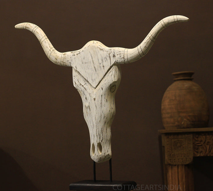Wooden Longhorn Mask Rustic White