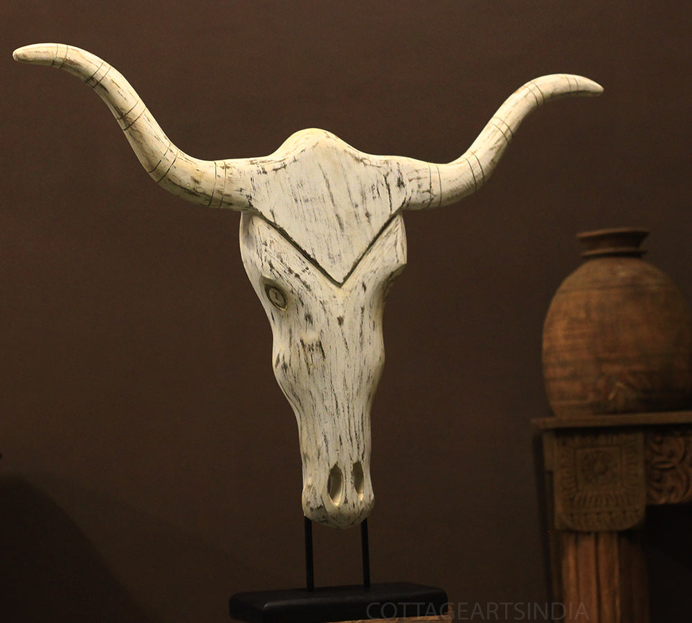 Wooden Longhorn Mask Rustic White