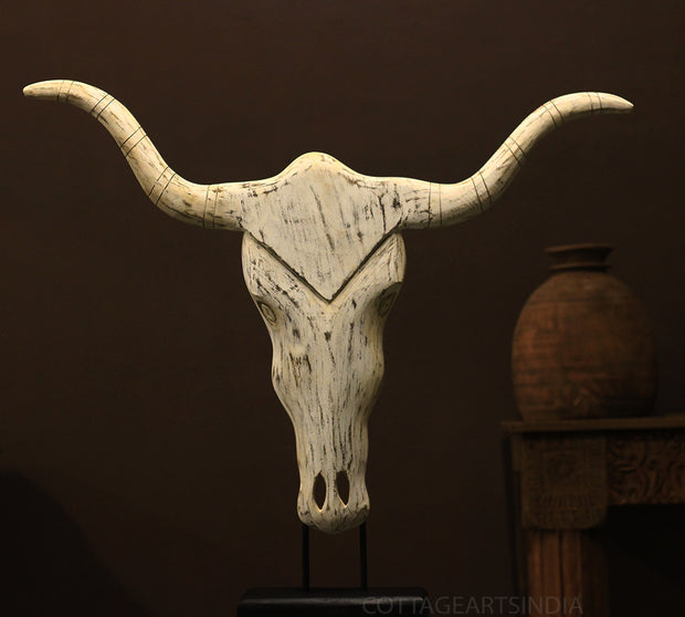 Wooden Longhorn Mask Rustic White