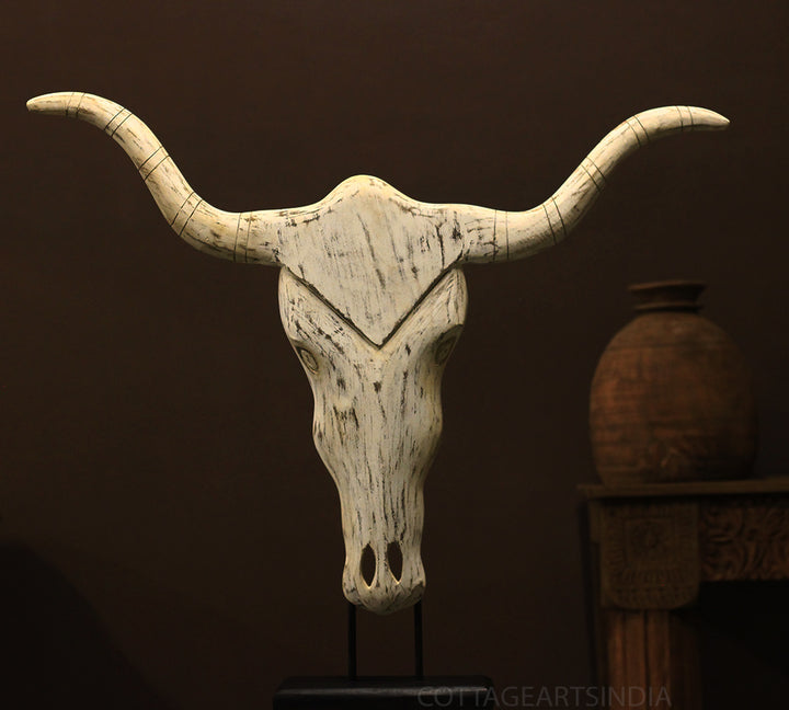 Wooden Longhorn Mask Rustic White