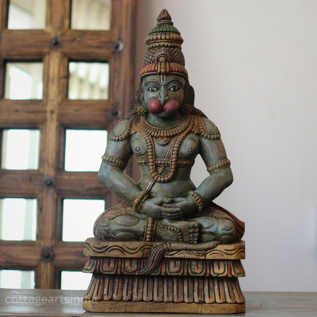 Handcrafted 23 " Wooden Hanuman in Meditative Posture