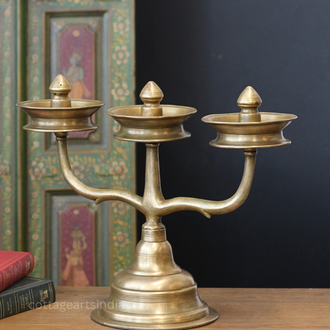 Brass Vintage Kavara Vilakku – 3 Branched Traditional Oil Lamp